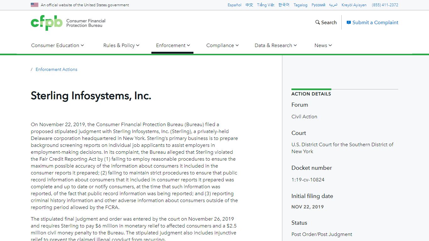 Sterling Infosystems, Inc. - Consumer Financial Protection Bureau